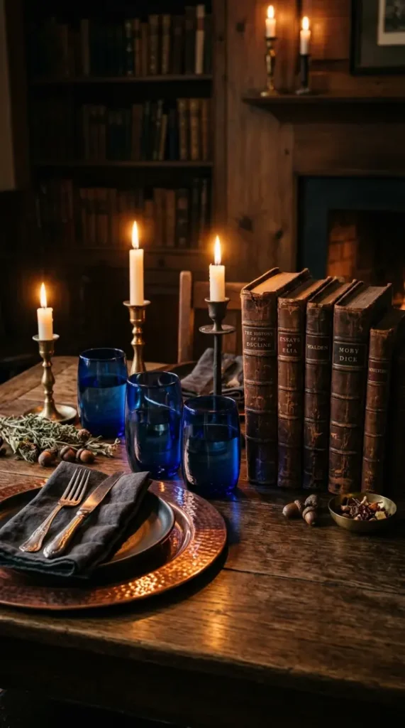 13 Blue and Orange Thanksgiving Table Ideas to Save 3 3. Dark Academia Cobalt Glass and Copper Beside Leather Books