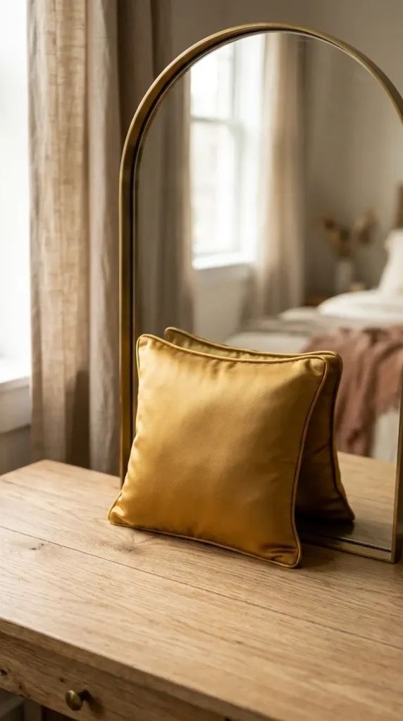17 Jewel Tone Vanity Styling Ideas With Rich Color 3 3. Deep Gold Cushion Propped Against the Mirrors Base
