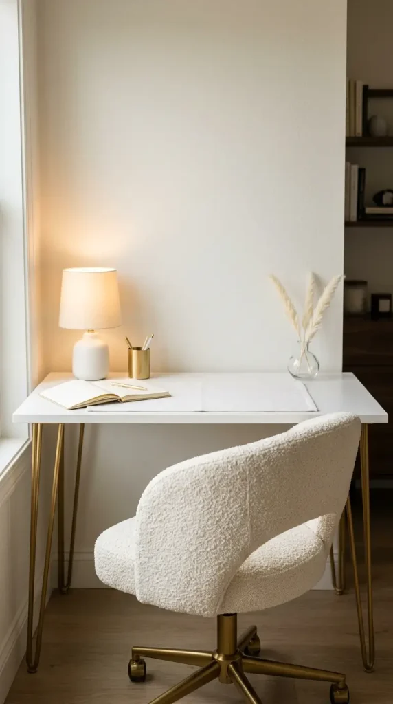 11 Office Room Ideas Shared Dual Desk His and Hers Style 3 3. Define Her Zone With White, Soft Gold, and Cream Boucle