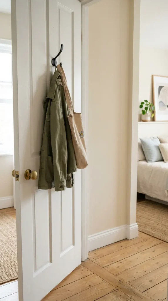 17 Small Bedroom Declutter Ideas for a Spacious Feel 3 3. Door Mounted Hook Replacing a Floor Valet Stand