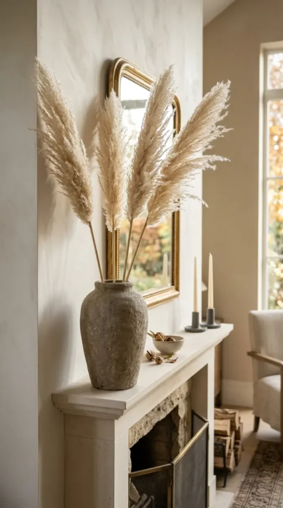 14 Fall Mantel Decor Ideas for a Quiet Luxury Neutral Look 3 3. Dried Pampas Grass in a Tall Stone Vase