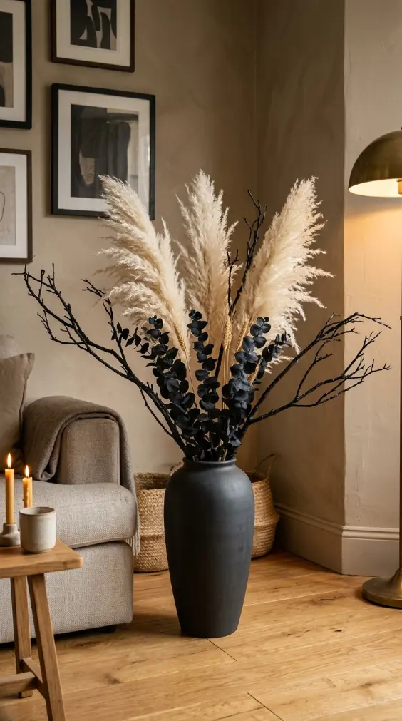14 Chic Neutral Halloween Decor Ideas Living Room Style 3 3. Dried Pampas and Dark Botanicals in a Floor Vase