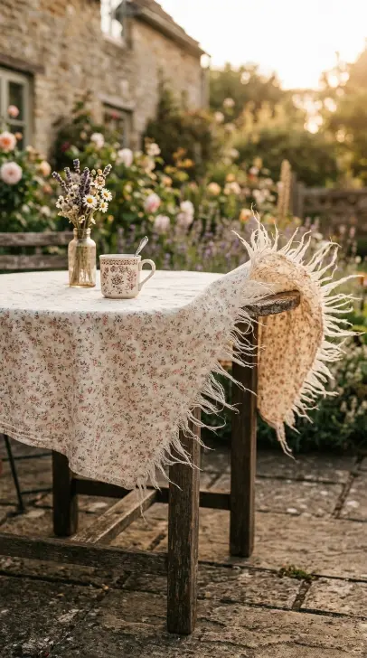 14 Summer Cottagecore Garden Patio Wildflower Sitting 3 3. Faded Floral Tablecloth