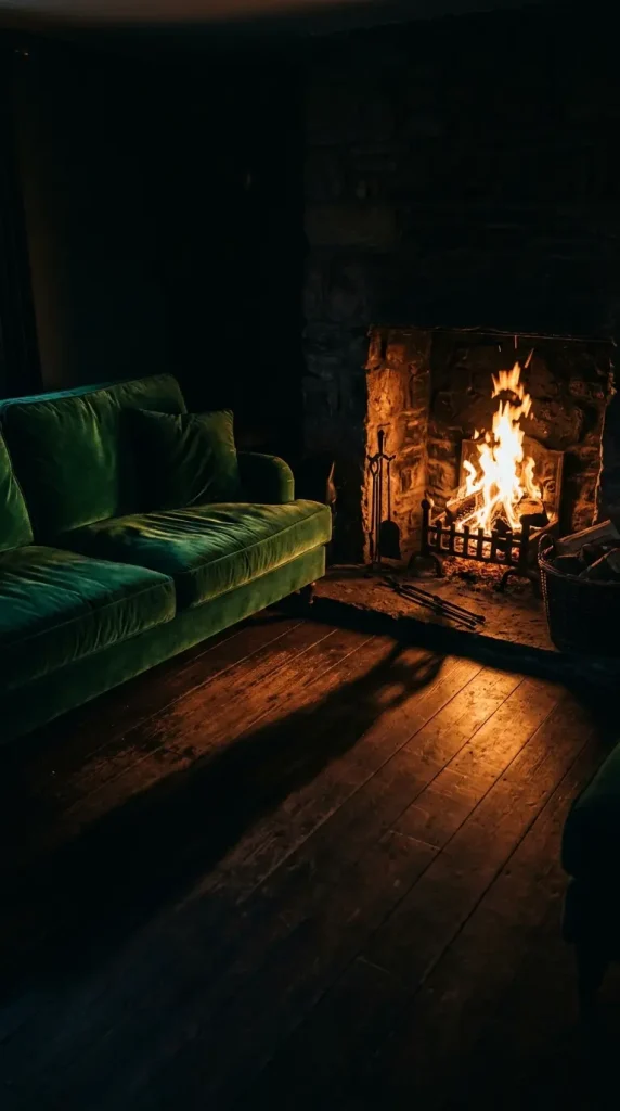 11 Cozy Reading Corners Fireplace Green Sofa Cinematic 3 3. Flames Glowing in the Hearth at Dusk