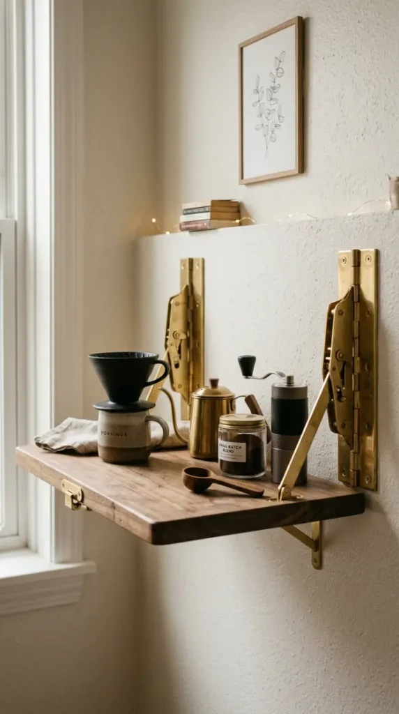 17 Small Space Eclectic Coffee Corner Ideas for Renters 3 3. Fold Down Wall Shelf That Tucks Flat