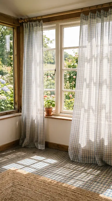 20 Summer Cottagecore Sunroom Gingham Sitting Corner 3 3. Gingham Curtains Filtering Morning Light