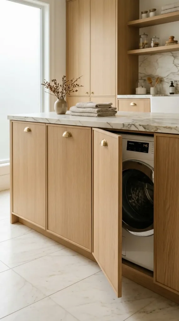18 Laundry Room Designs Quiet Luxury Marble and Warm Wood Look 3 3. Integrated Appliances Behind Matching Oak Panels