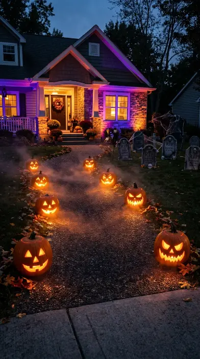 15 Outdoor Halloween Decorations Front Yard Spooky Style 3 3. Jack-O-Lanterns Lining the Front Pathway