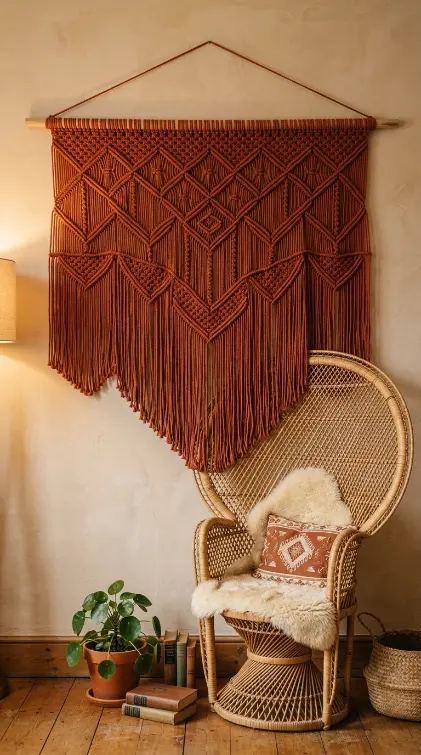 17 Small Reading Nook Cozy Corner Boho Woven Warmth 3 3. Macrame Wall Hanging in Warm Rust