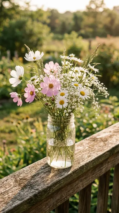 16 Summer Cottagecore Porch Swing Sitting Area Ideas 3 3. Mason Jar of Wildflowers