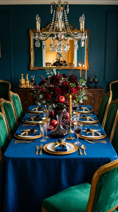 12 Romantic Thanksgiving Feast Styling Ideas to Save 3 3. Moody Jewel Toned Dining Room With Velvet Chairs