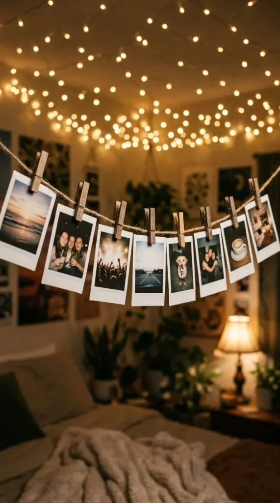 15 Romanticizing My Room Small Space Fairy Light Canopy Ideas 3 3. Polaroid String Clipped Beneath the Lights
