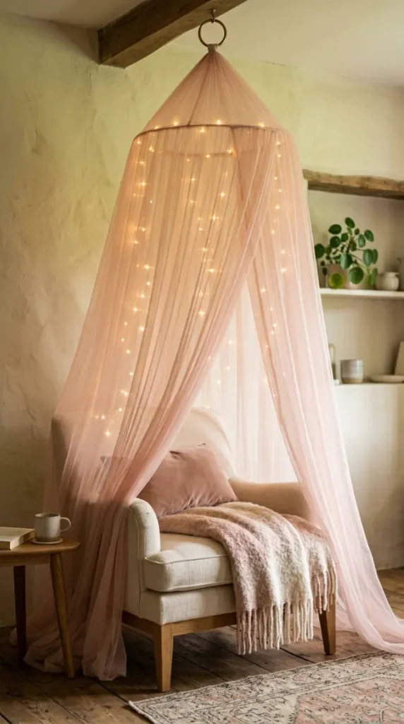 16 Cozy Reading Corners Whimsical Blush Fairy Lights 3 3. Sheer Tulle Canopy