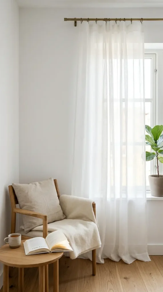 18 Small Reading Nook Cozy Corner Nordic Airy Minimal 3 3. Sheer White Curtain Panel