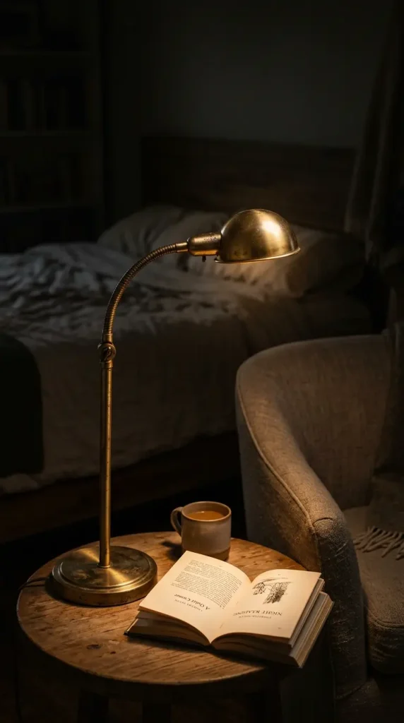 15 Light Linen Swivel Reading Chair Bedroom Nook Ideas 3 3. Small Brass Task Lamp on the Side Table