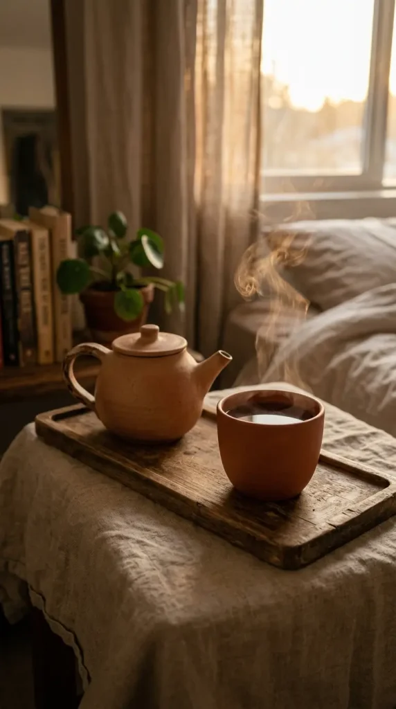 13 Golden Hour Bedroom Aesthetic Evening Ritual Corner Ideas 3 3. Small Ceramic Tea Set on a Tray