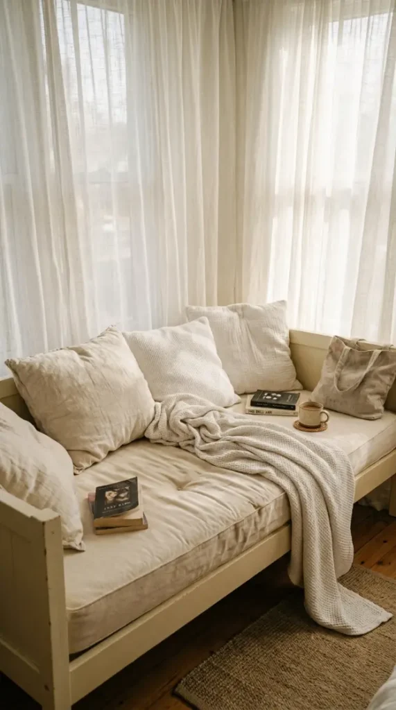 18 Romanticizing My Room Small Space Sheer Drapery Ideas 3 3. Small Daybed Tucked Against the Drapery