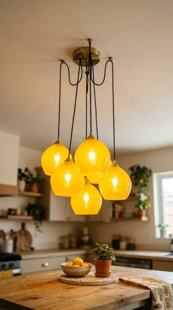 18 Dopamine Kitchen Ideas for a Bold Colorful Space 3 3. Sunshine Yellow Pendant Lights Over the Island