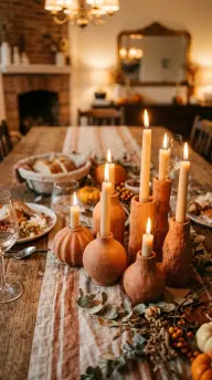 17 Boho Eclectic Centerpiece for Thanksgiving 3 3. Terracotta Candle Holders in Varying Shapes Standing Unevenly