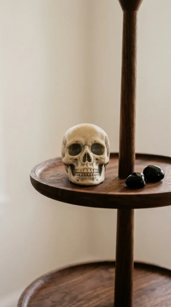 16 Halloween Tiered Tray Ideas Neutral Sophisticated Style 3 3. The Aged Bone Skull Prop