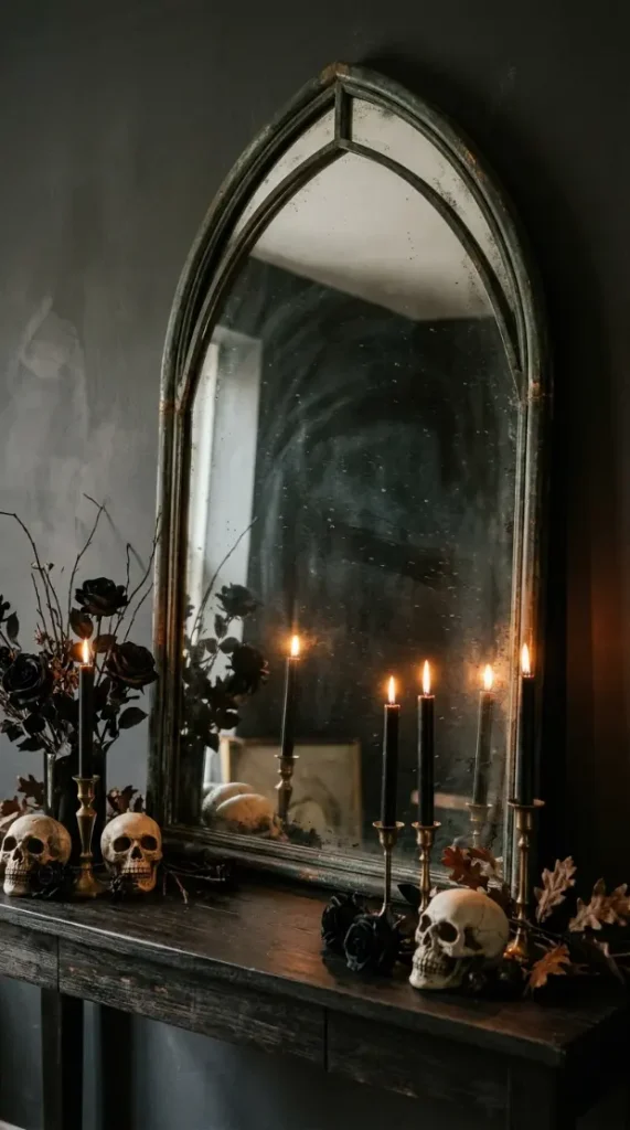 14 Neutral Halloween Decor Gothic Console Table Style 3 3. The Antiqued Mirror Backdrop