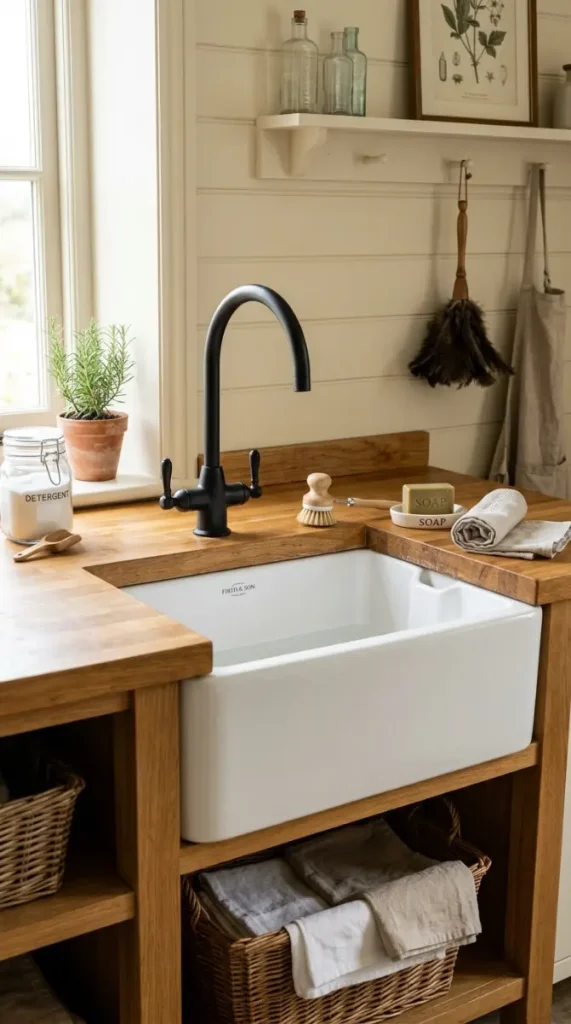 14 Laundry Room Bathroom Combo Warm Neutral Farmhouse Style 3 3. The Apron Front Utility Sink