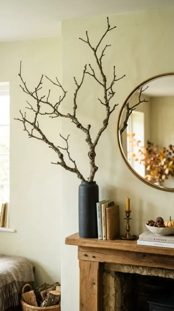 15 Fall Mantel Decor Ideas for a Botanical Nature Inspired Look 3 3. The Bare Branch Architectural Installation