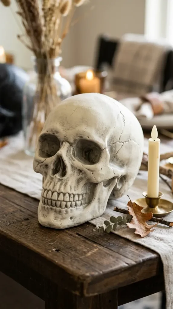 15 Dollar Tree Halloween Decor Window and Table Vignette Style 3 3. The Chalk-Painted and Grey-Washed Skull
