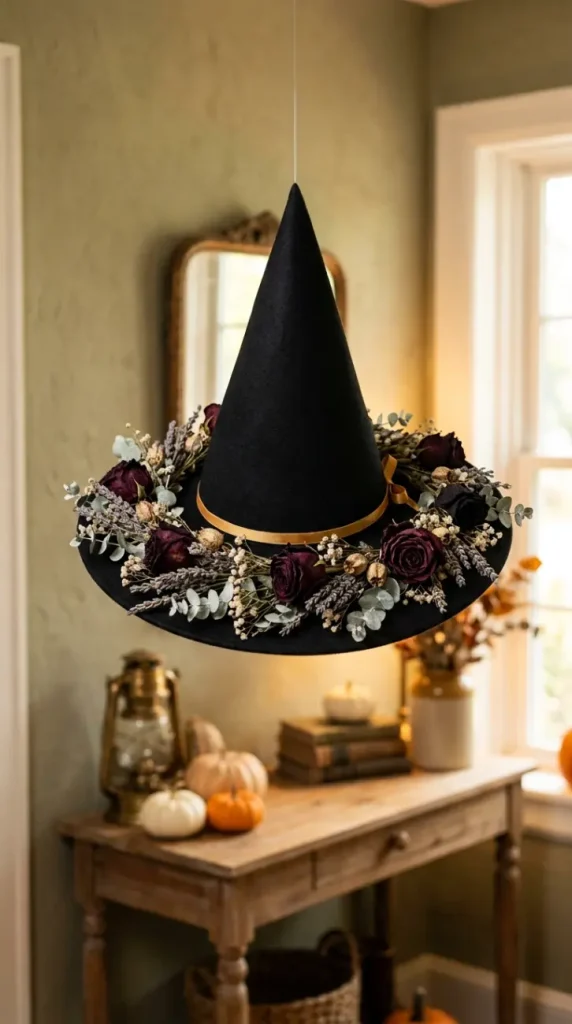 12 Easy Halloween Entryway Decor Witchy Floating Hats Style 3 3. The Decorated Hat with Dried Floral Crown