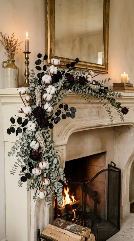 17 Elegant Halloween Mantel Decor French Country Style 3 3. The Dried Botanical Asymmetric Garland