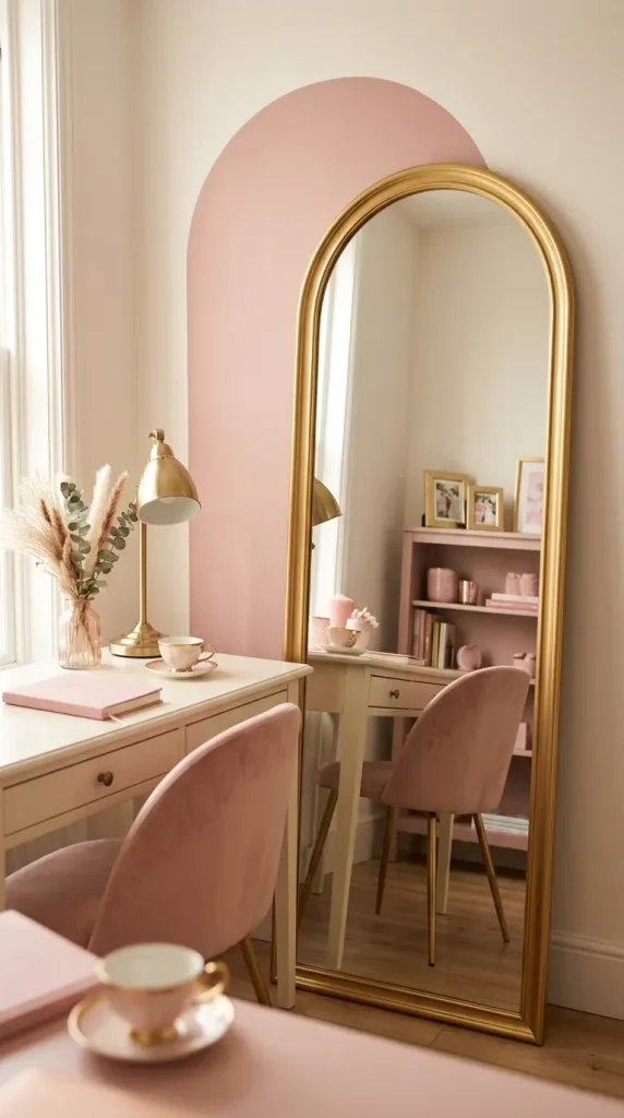 10 Home Office Ideas for Women Coquette Pink Arch Gold Style 3 3. The Gold Arched Mirror
