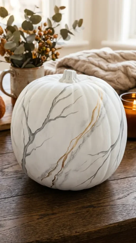 12 DIY Fall Home Decor Projects: Painted Pumpkin Collection 3 3. The Marble Effect Brushed Technique