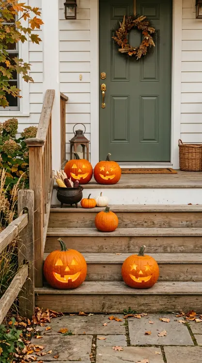 13 Outdoor Halloween Display Farmhouse Harvest Porch Style 3 3. The Pumpkin-Stacked Steps