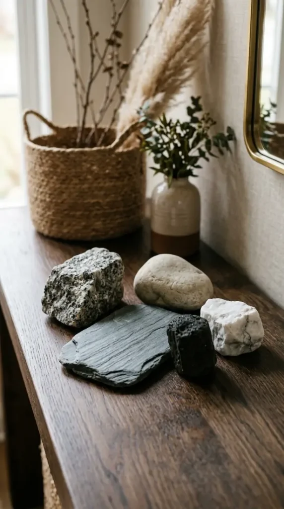 12 Neutral Fall Decor Ideas for an Entryway Console in Organic Style 3 3. The Raw Stone and Mineral Cluster