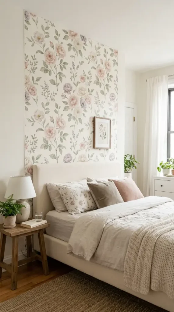 24 Apartment Bedroom Decor Pastel Dreamy Feminine Style 3 3. The Removable Floral Wallpaper Panel