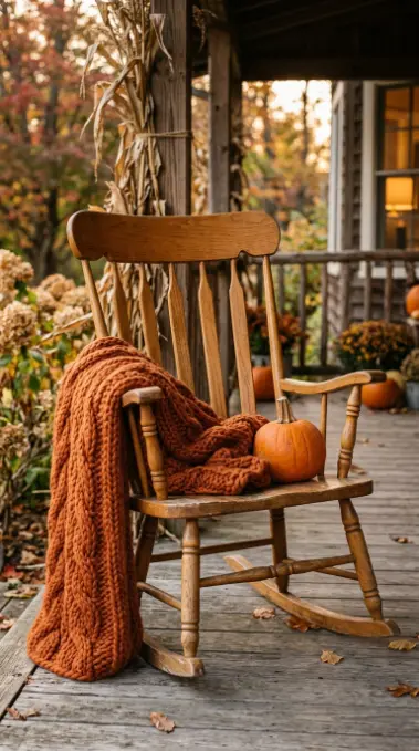 13 Rustic Fall Decorating Front Porch and Entryway Style 3 3. The Rocking Chair with Wool Throw and Pumpkin