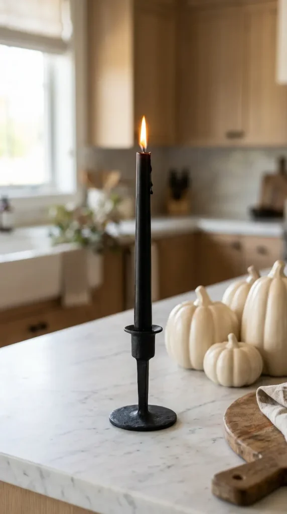 15 Chic Neutral Halloween Decor Kitchen Counter Style 3 3. The Slim Black Taper Candle in Iron Holder