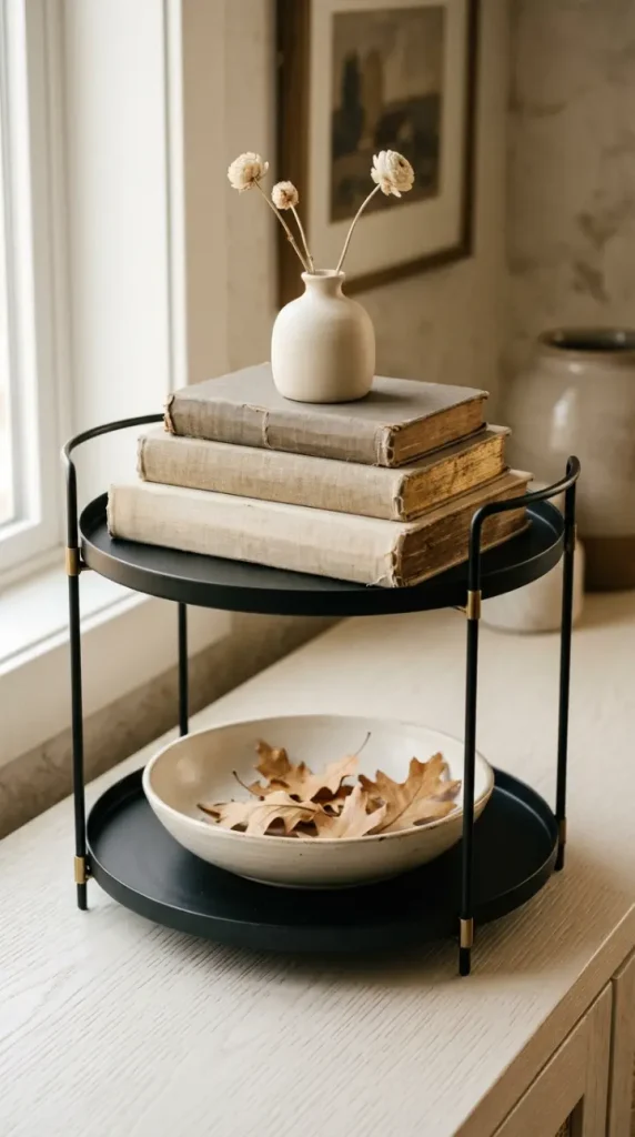13 Neutral Fall Decor Ideas for Tiered Tray Vignette Style 3 3. The Vintage Book Stack Riser Styling