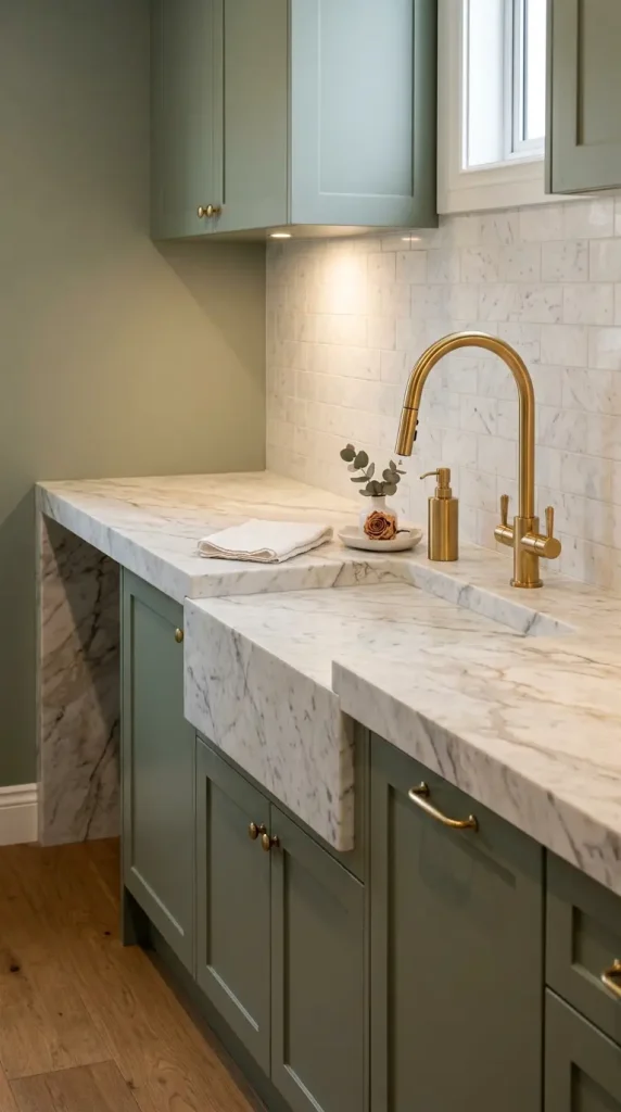 20 Luxury Laundry Room Ideas Sage Green Walnut Warm Style 3 3. Thick Carrara Marble Benchtop With Undermount Laundry Sink