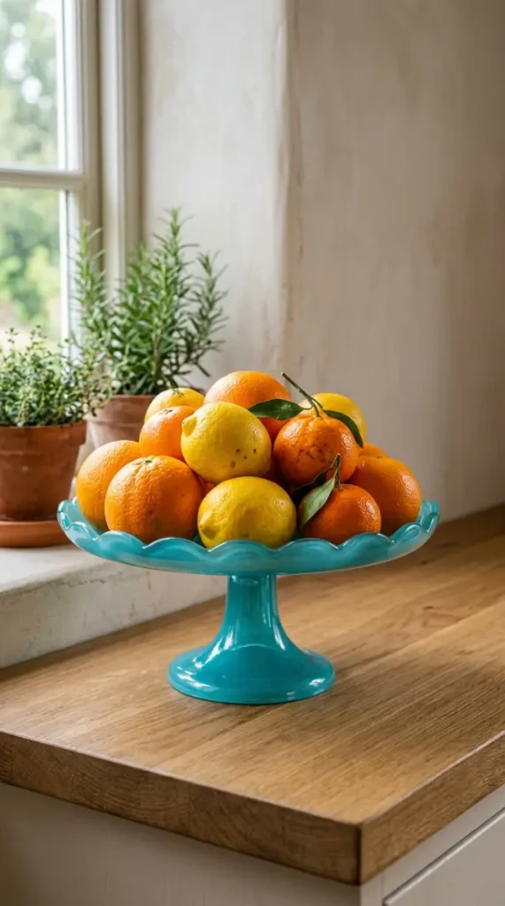 15 Nostalgic Open Shelf Dopamine Kitchen Display Ideas 3 3. Turquoise Cake Stand Holding Fruit
