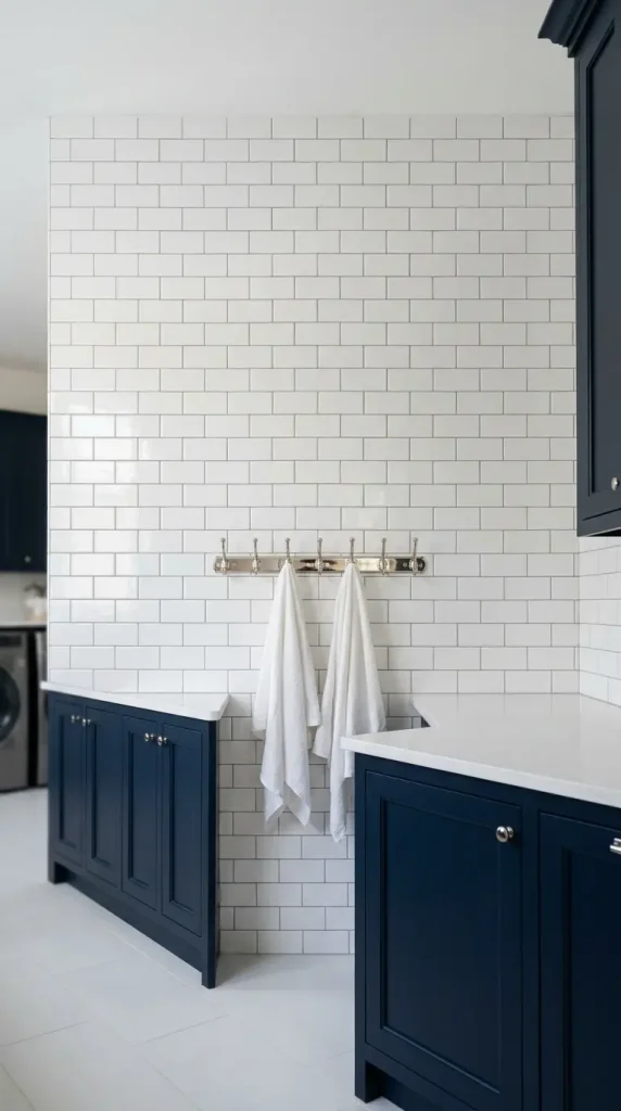 12 Luxury Laundry Room Ideas Navy White Nautical Refined 3 3. White Subway Tile From Floor to Ceiling