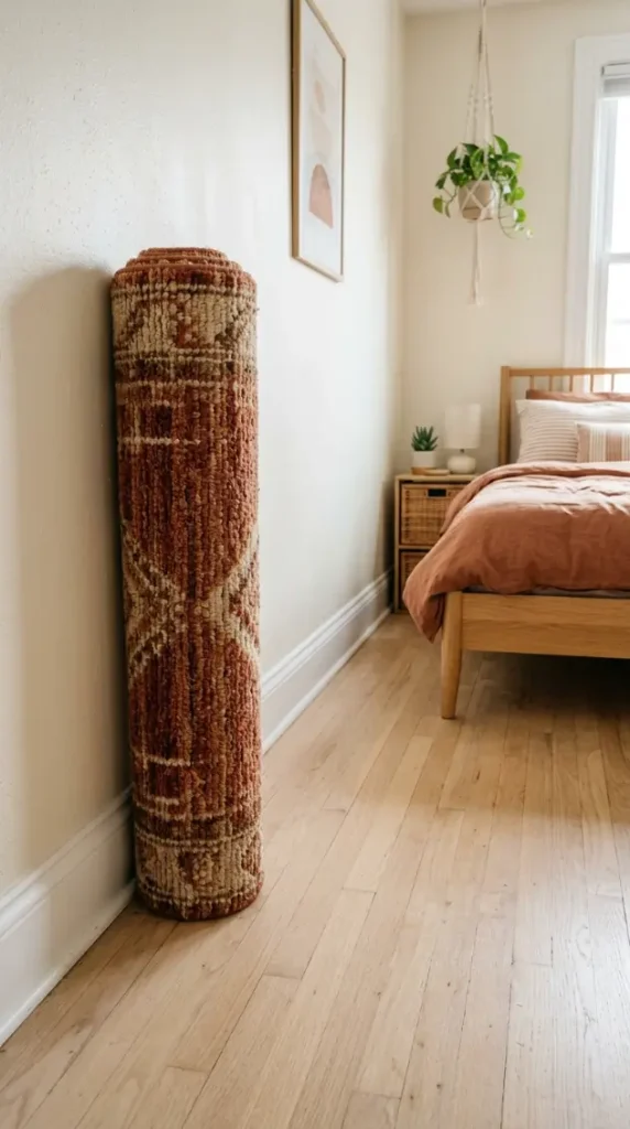 13 Late Summer Bedroom Textile Swap Declutter Refresh 3 3. Wool Area Rug Rolled Up for Bare Floor