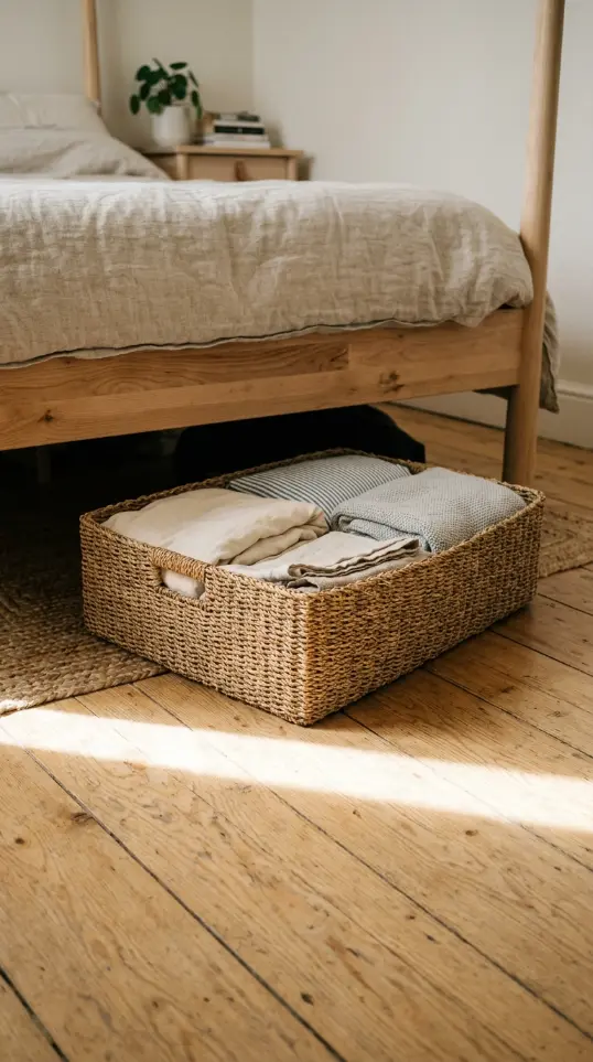 16 Minimalist Bedroom Declutter Ideas for Late Summer 3 3. Woven Under Bed Storage Box Pulled Halfway Out