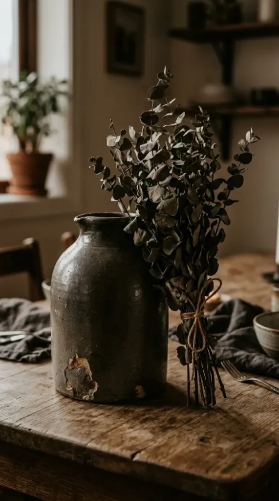 14 Moody Centerpiece Ideas for an Effortless Table 4 4. A Bundle of Dried Eucalyptus Leaning Against a Chipped Stoneware Jug