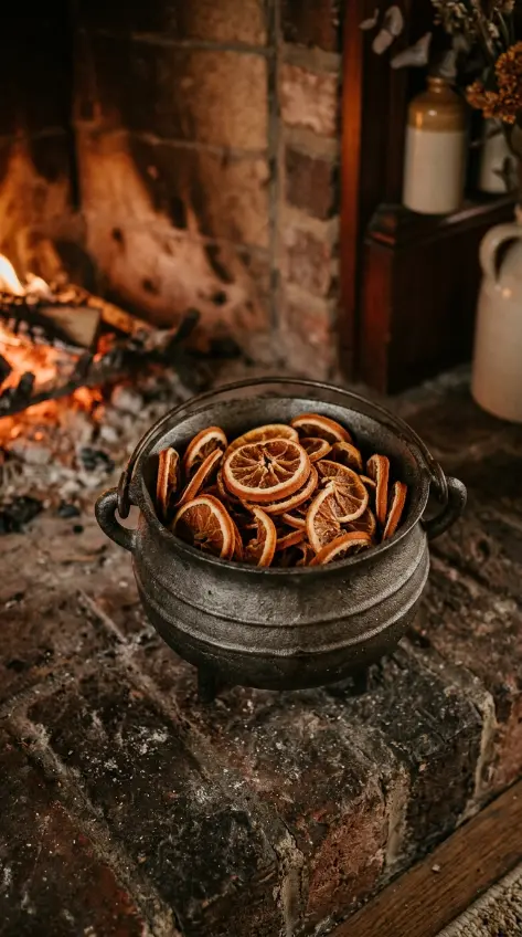 16 Moody Fall Fireplace Ideas for a Cozy Sanctuary 4 4. A Cast Iron Cauldron Holding Embers of Dried Orange Slices