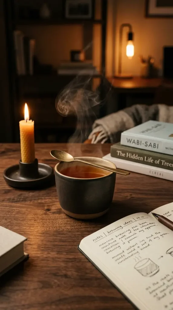 18 Cozy Office Aesthetic Candlelight Bookshelf Warm Style 4 4. A Ceramic Cup of Tea on the Desk