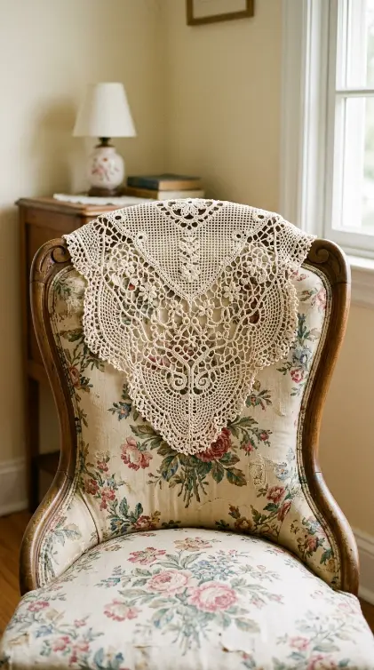 19 Reading Chair in Bedroom Vintage Floral Slipper Corner 4 4. A Crocheted or Tatted Lace Antimacassar on the Back