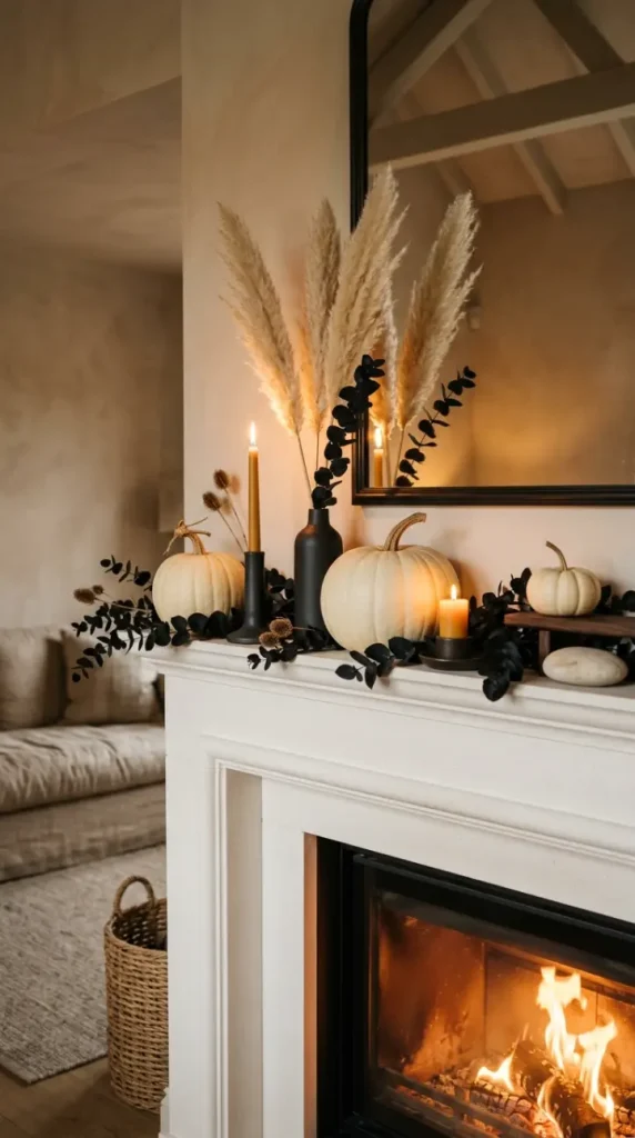 14 Fall Home Decor Ideas Warm Neutral Living Room Style 4 4. A Fall Mantel With Cream Pumpkins and Dried Botanicals