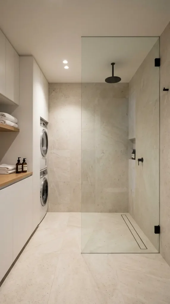 16 Laundry Room Bathroom Combo Maximized Built-In Minimal 4 4. A Frameless Walk-In Shower With a Stone Tile Surround