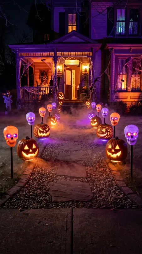 12 Outdoor Halloween Display Haunted House Front Yard 4 4. A Glowing Skull and Jack-O-Lantern Lined Pathway